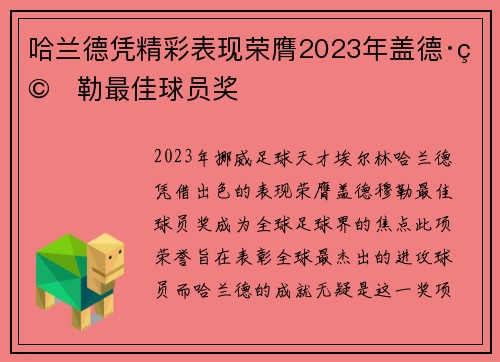 哈兰德凭精彩表现荣膺2023年盖德·穆勒最佳球员奖
