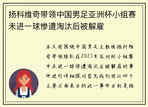 扬科维奇带领中国男足亚洲杯小组赛未进一球惨遭淘汰后被解雇