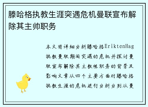 滕哈格执教生涯突遇危机曼联宣布解除其主帅职务 滕哈格执教生涯突遇危机曼联宣布解除其主帅职务